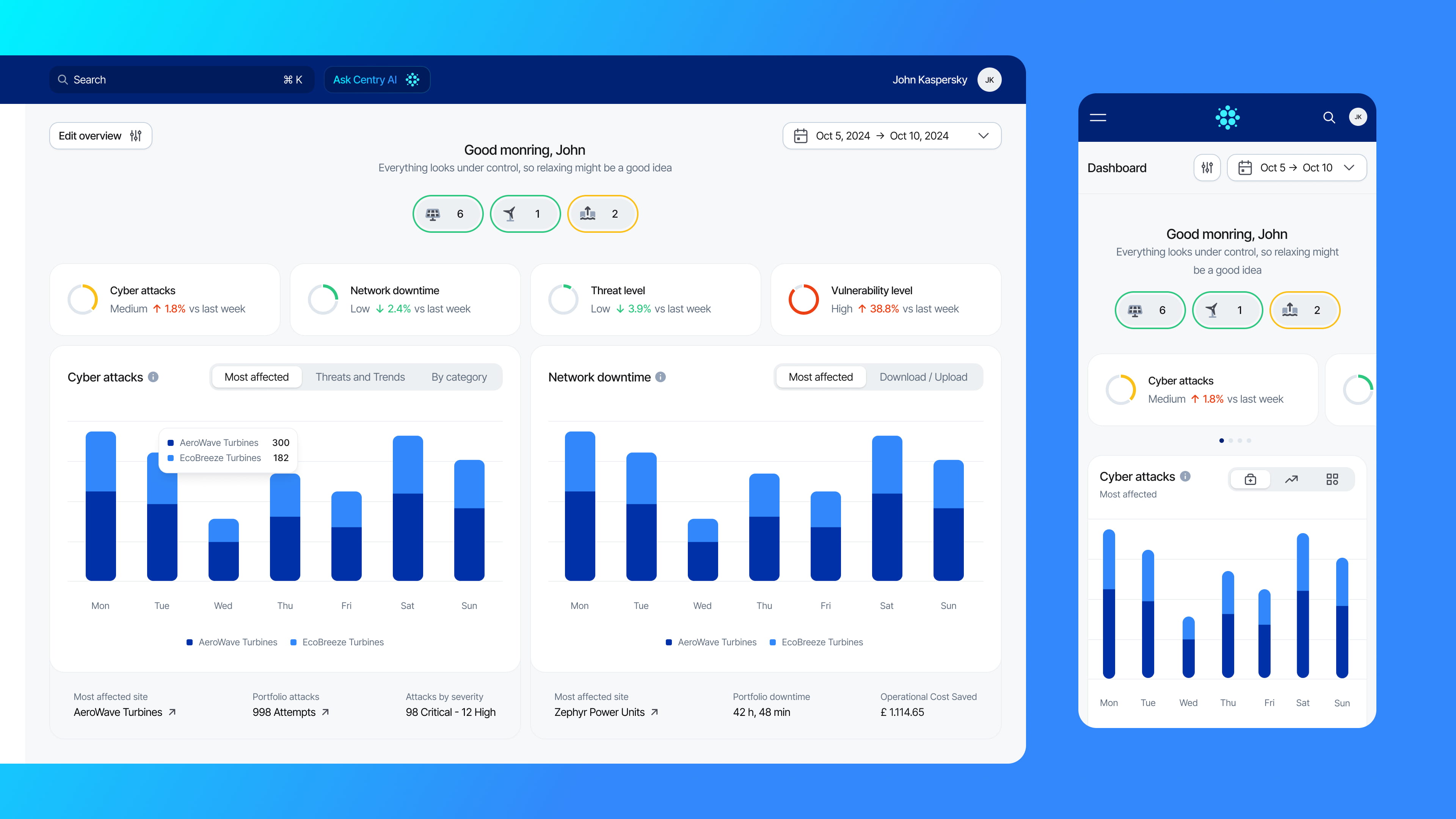 Case Cyber Energia: Fundo com degrade azul mostrando a tela principal do dashboard