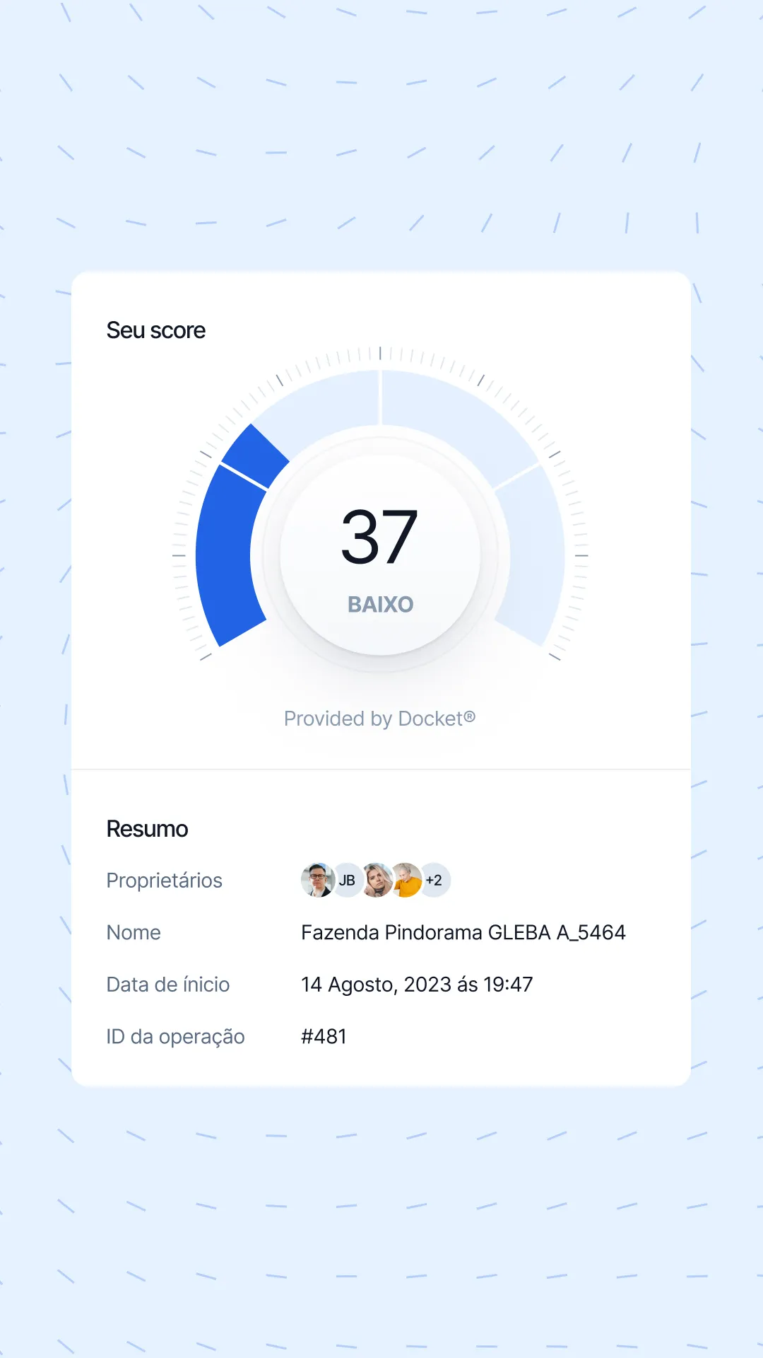 Case Docket: Retangulo branco no centro com um indicador de score marcando o número 37/100.