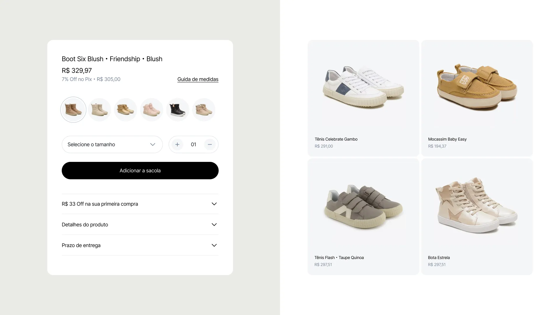 Case Gambo: Tela dividida ao meio, lado esquerdo exibindo o painel onde é selecionado o tamanho do calçado e lado direito 4 cards de produtos