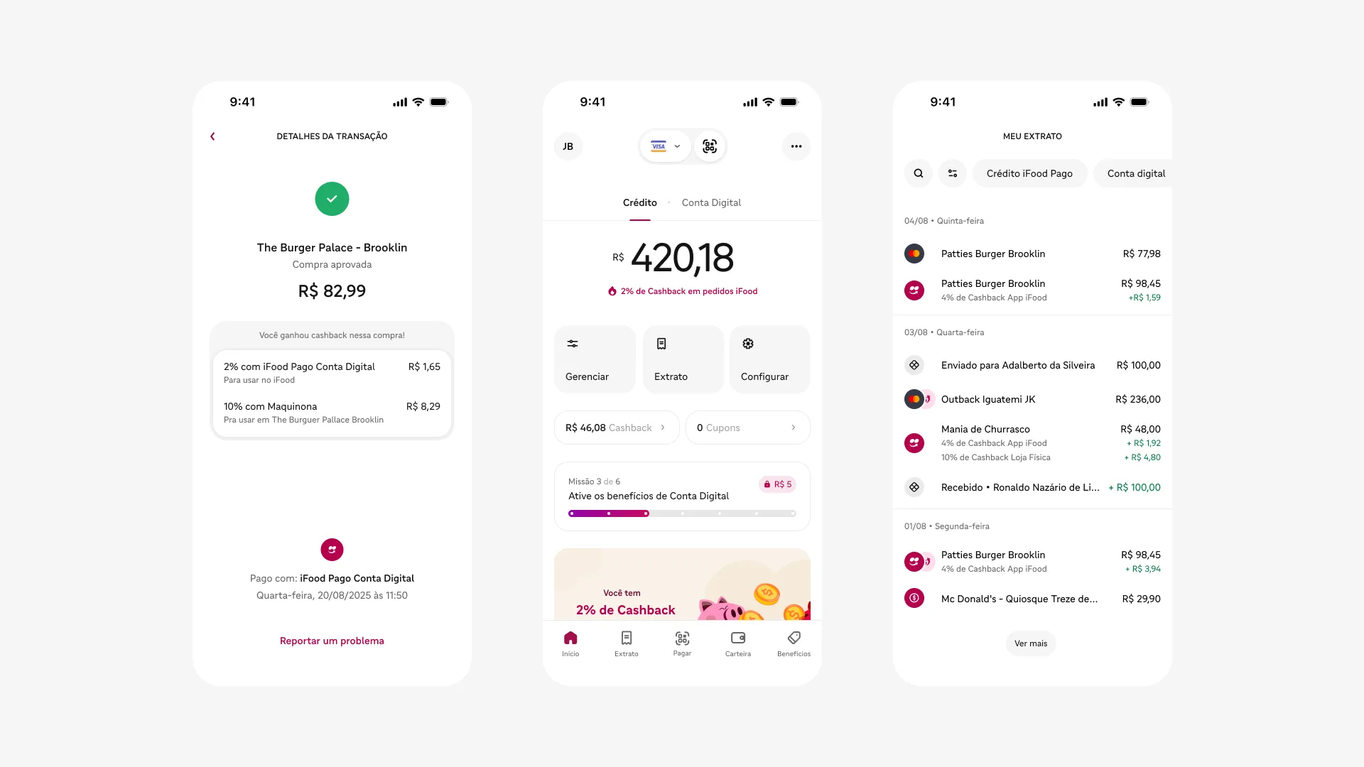 Case iFood Pago: 3 telas do Aplicativo iFood Pago alinhadas na horizontal